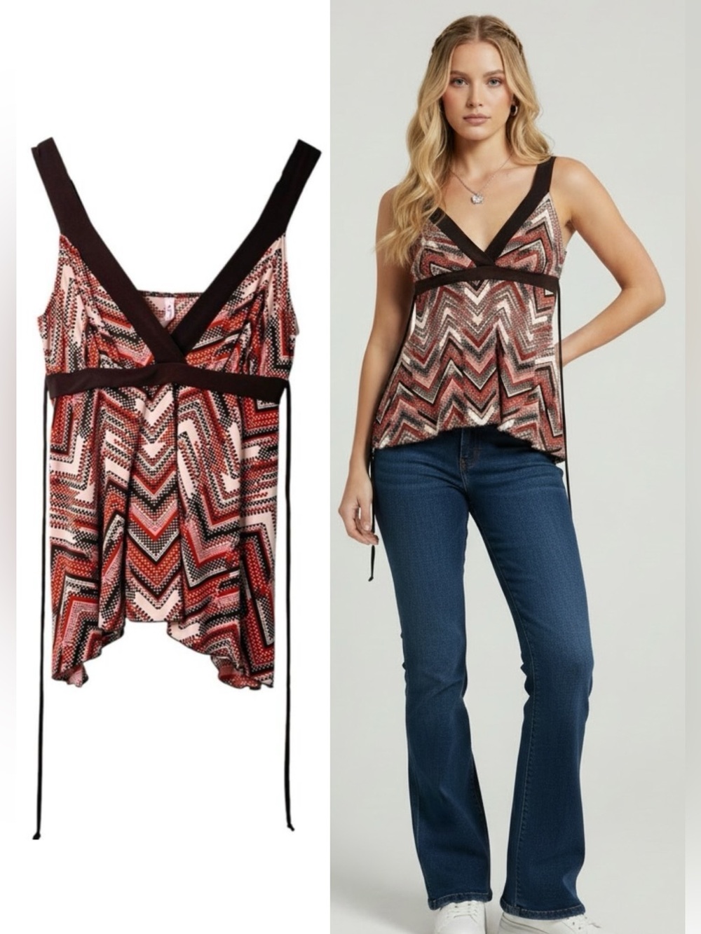 Vtg Heart Soul 90s Y2K Babydoll Top Sz M Asymmetrical Chevron Tie Back Festival